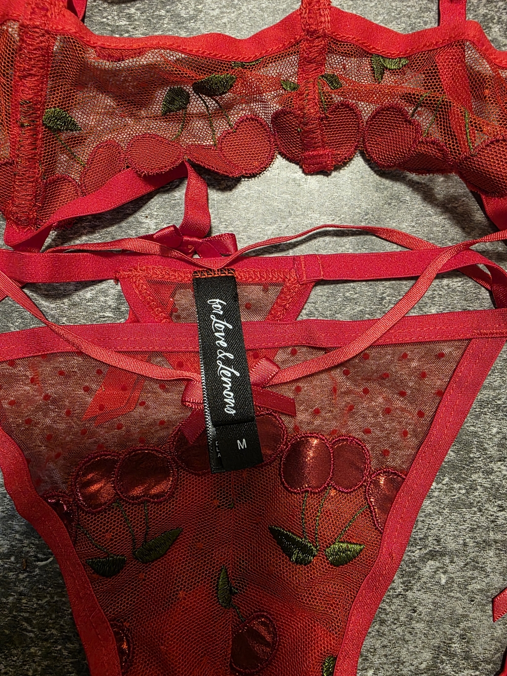 For Love & Lemons Red Cherry Embroidered Sheer Lingerie Set - Picture 2 of 3